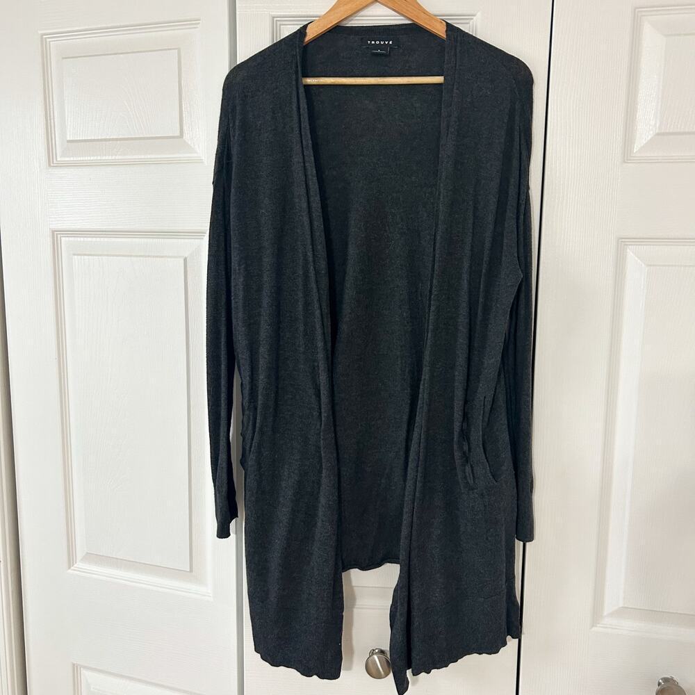 Trouvé Open Front Cardigan Charcoal Gray Longline Pockets Size Small EUC